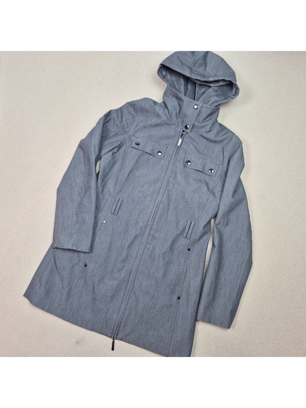 Metro Kristen Blake Womens Waterproof Removeable Hooded Gray Long Rain Coat Sz M
